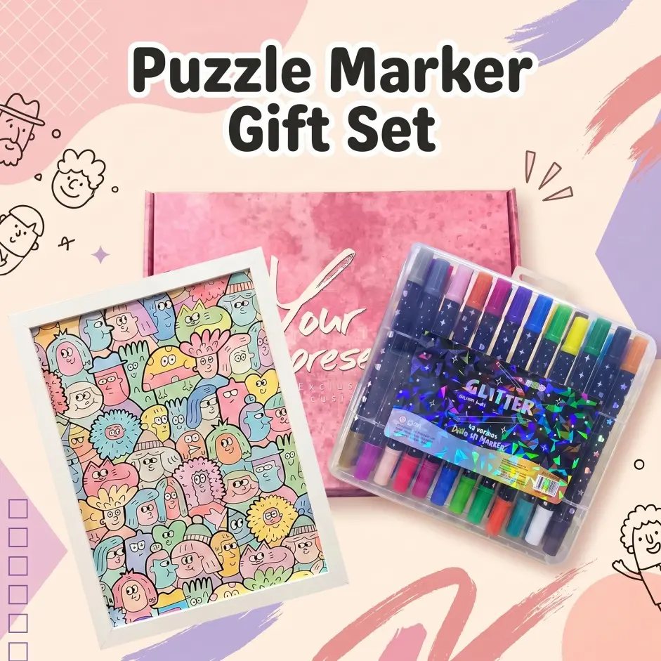 DIY Coloring Puzzle Gift Set with Frame, Blank Doodle Character Painting Jigsaw, Glitter Markers, Art Craft Kit for Kids & Adults