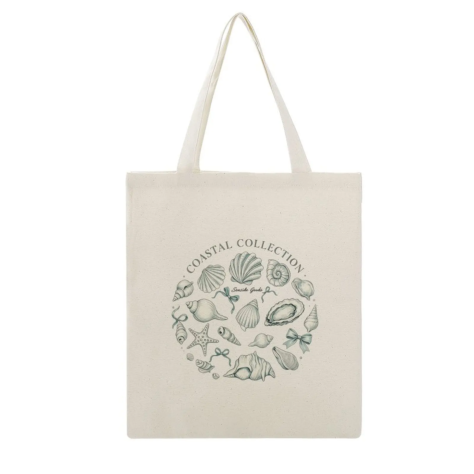 15.8*13.4in Canvas Tote Bag, Coastal Collection Seashell Starfish Bow Vintage Line Art Print Natural Canvas Shoulder Bag, Nautical Seaside Reusable Grocery Handbag