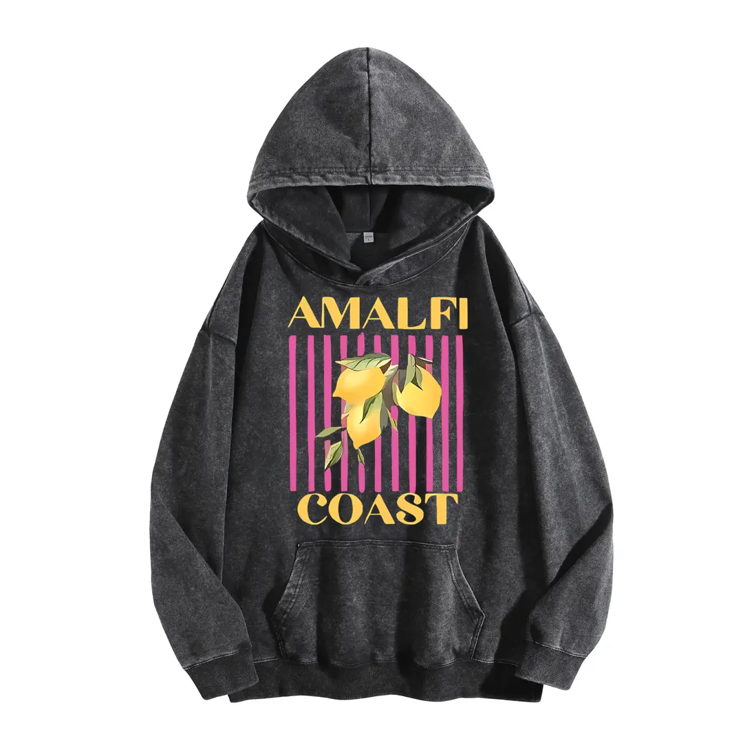 Holafish Women's "Amalfi Coast Lemon" Print Acid Wash Hoodie, Essential For Summer Vibes Lovers, Vintage 2025 Sweatshirt, Oversized Loose Fit, Winter Warm Streetwear Casual Pullover Hoodie