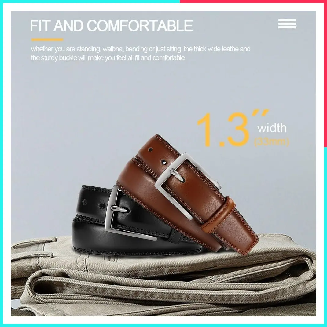 Men's Genuine Leather Dress Belt 2-Pack - Handmade Classic Casual & Business Belt, 100% Cowhide Leather, Prong Buckle