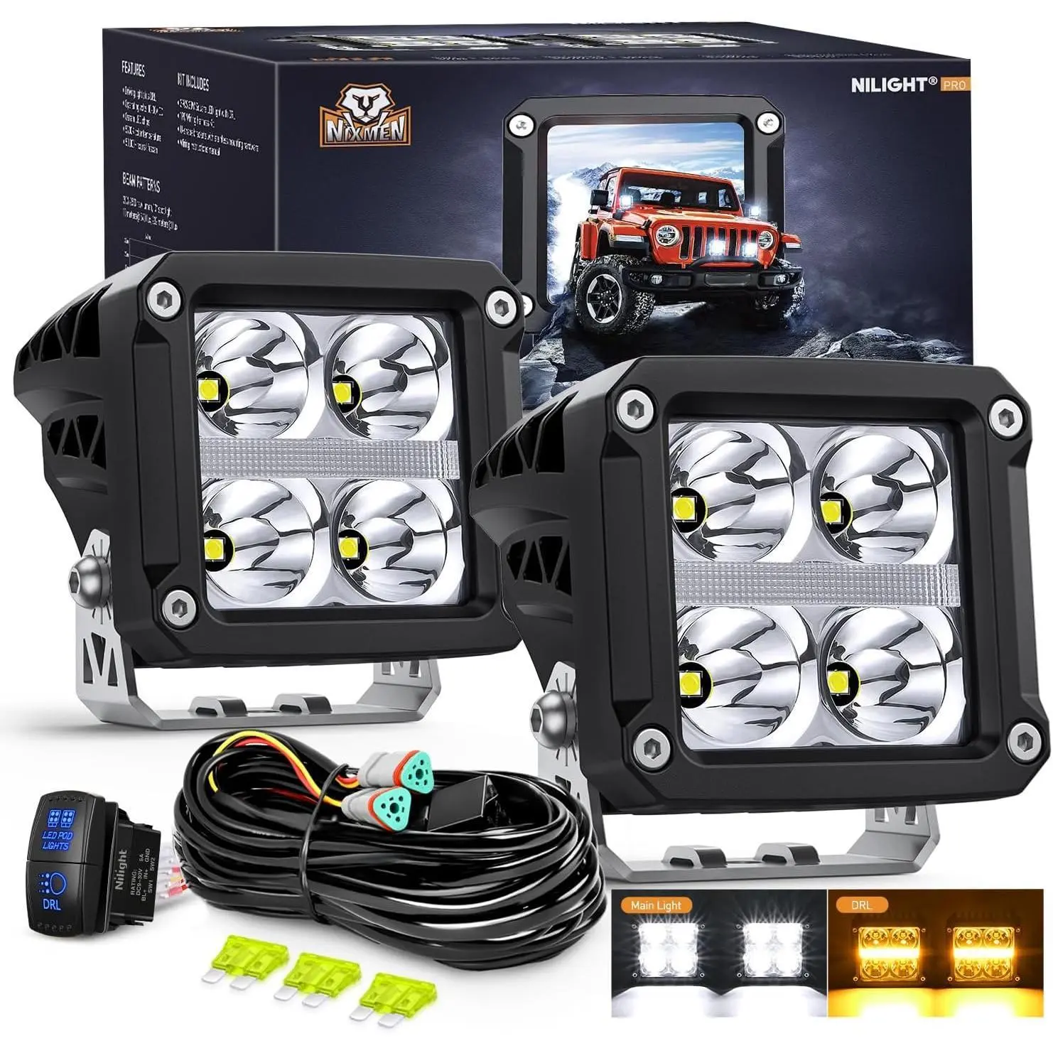 Nilight LED Pod Lights with Amber DRL 3.2 Inch Square 20W 2510LM Super Spot Beam w/ 16AWG Wiring Harness Kit Auxiliary Offroad Driving Ditch Light for Truck UTV ATV SUV 4x4