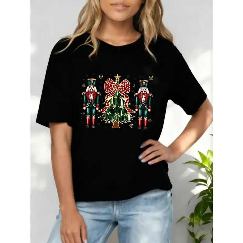Women's Short-Sleeve Round Neck T-Shirt - Lady's All-Season Basic Top, Christmas Nutcracker & Tree Fun Print, Stylish Casual Wear, Local Delivery, Shortsleeve