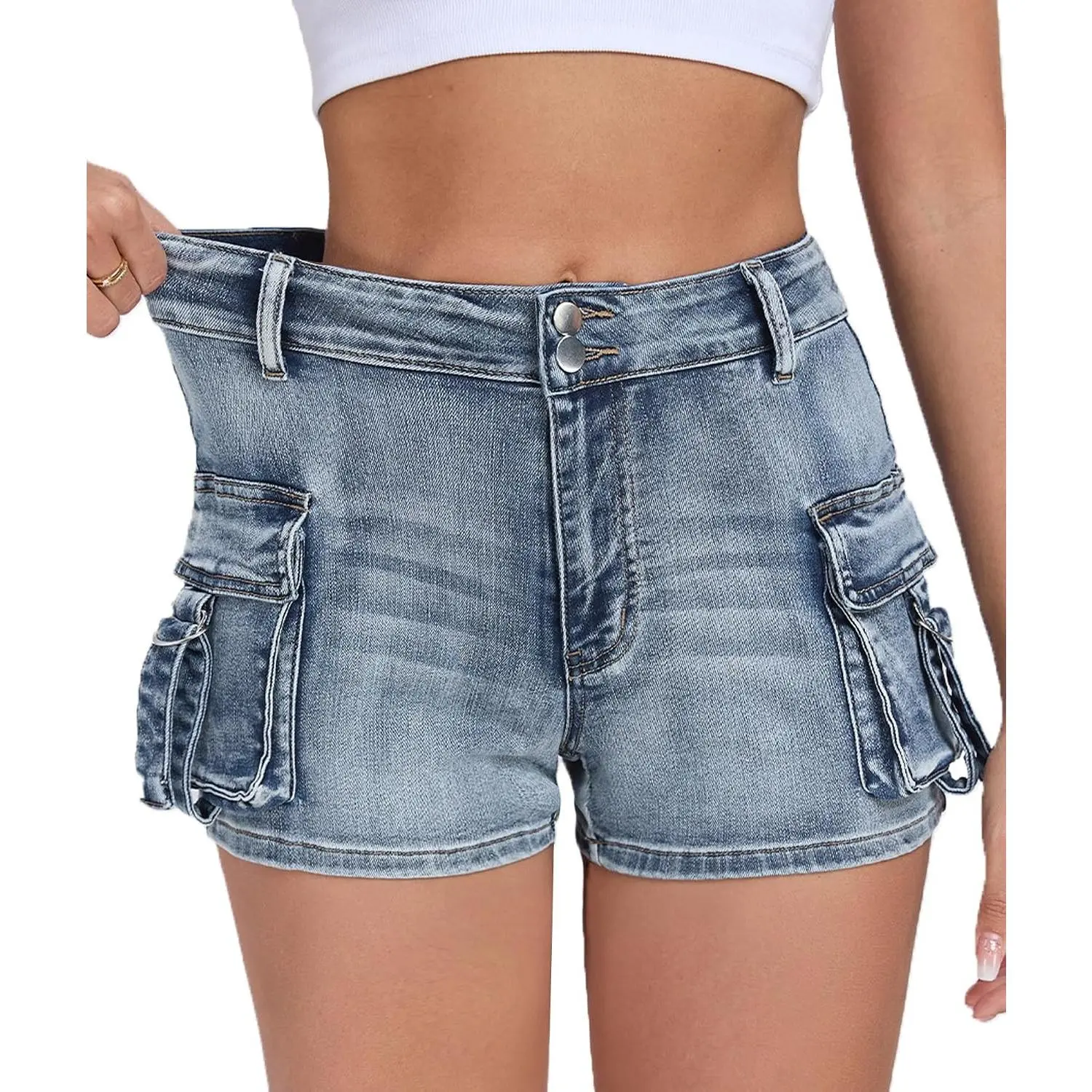 Women's Denim Mini Cargo Shorts Casual Mid Waisted High Stretchy Jean Shorts Sexy Booty Shorts with Pockets Y2KGift
