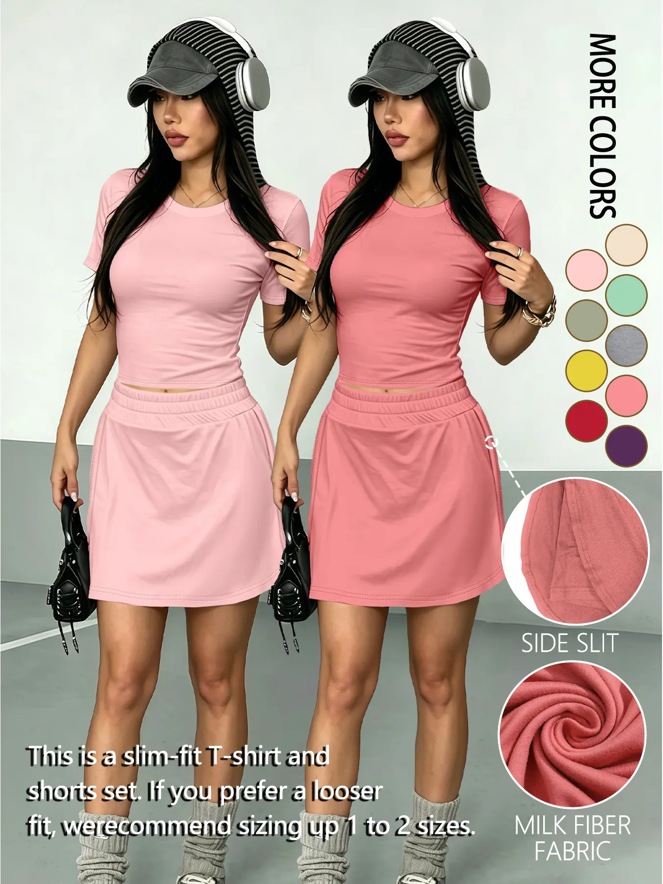 4-piece set, solid color crewneck and skort set, trendy and stylish hot girl style cropped T-shirt and skort, suitable for daily wear, fashionable women's casual sports T-shirt and skirt set
