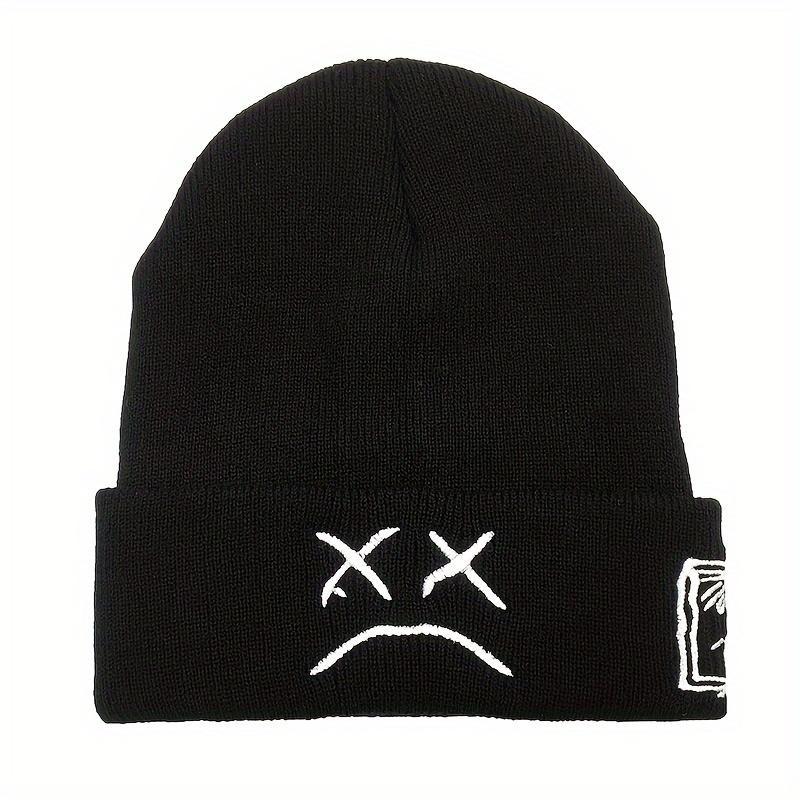 Sad Face Embroidered Graphic Beanie Stylish Unisex Hip Hop Hat Warm Comfortable Winter Knit Cap Black White Cuffed Skull Cap for Women Men Machine Washable