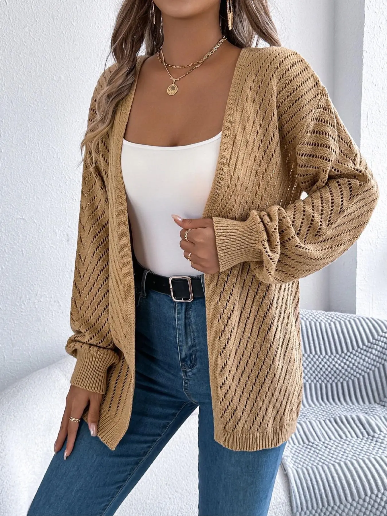 Women's Plain Knit Long Cardigan, Cute Cut-Out Sweater Top, Fall Winter Fashion Versatile Piece, Long Sleeve Hollow Design