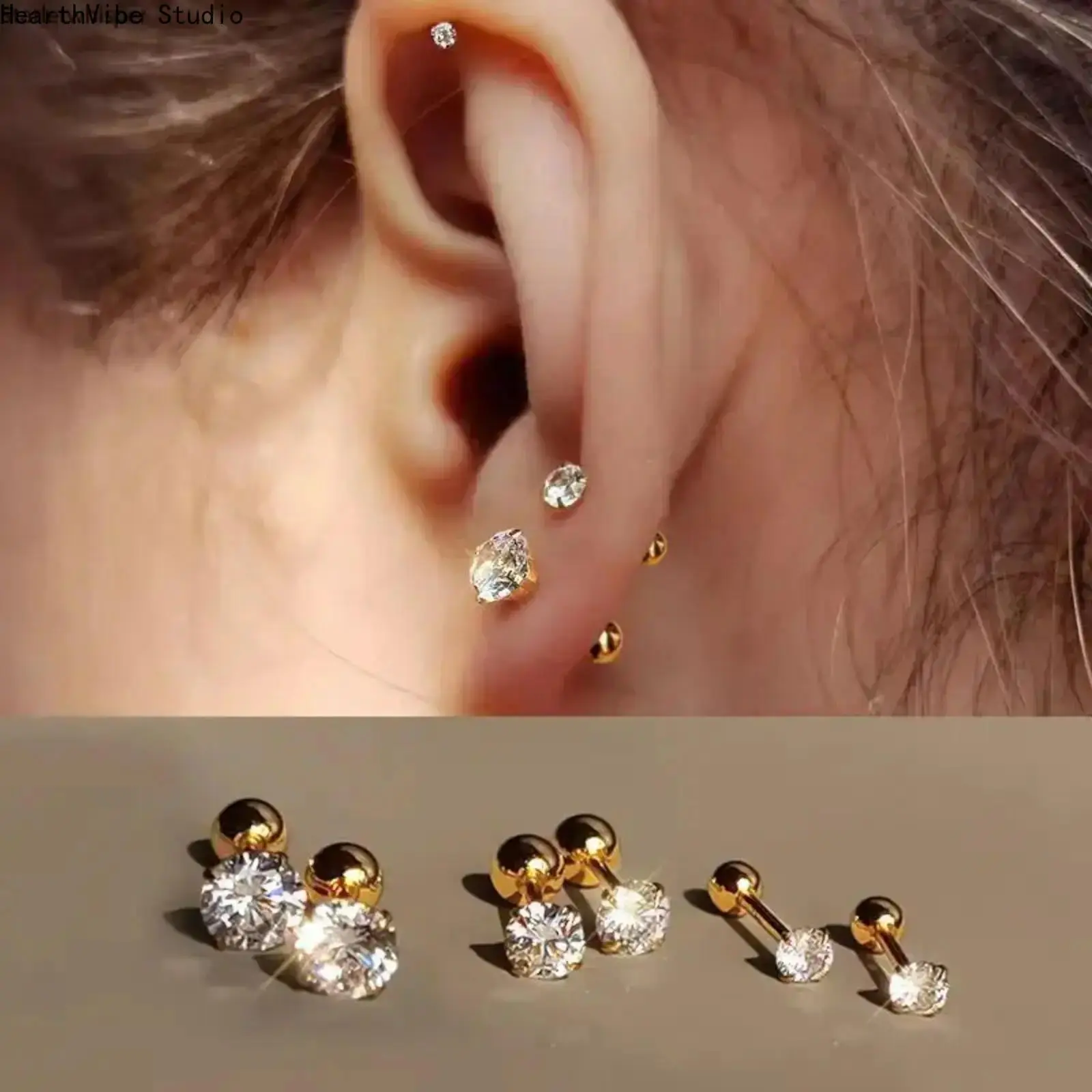 Stainless Steel Stud Earrings Set 18K Gold Plated Cubic Zirconia Twist Jewelry Gift for Women Daily Party