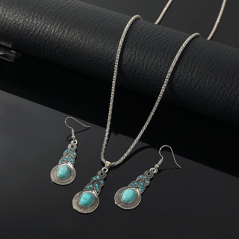 3pcs Necklace Earrings Set For Men And Women Vintage Style Blue Crystal Inlaid Turquoise Pendant With Lantern Chain Jewelry