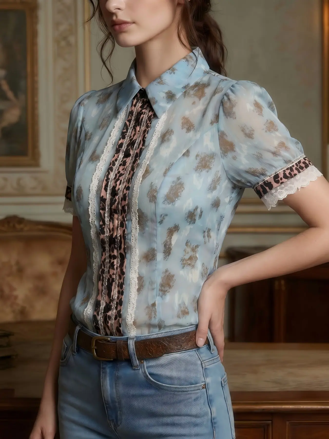 Light Blue Leopard Print Short Sleeve Shirt Blouses for Women, Vintage Fashion Style, Suitable for Spring Summer Daily Outing & Casual Office Wear