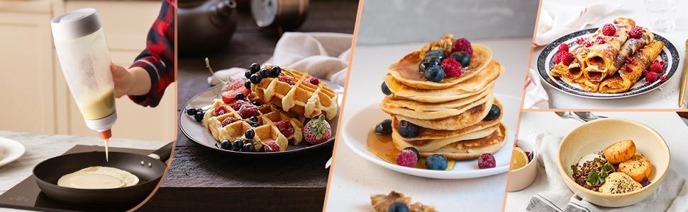 2 Packs Pancake Batter Dispenser with Blender Ball, 1000ml Squeeze Bottle Mixer for Cupcakes, Crepes & Waffles, BPA Free Kitchen Gadgets for Mess-Free Cooking