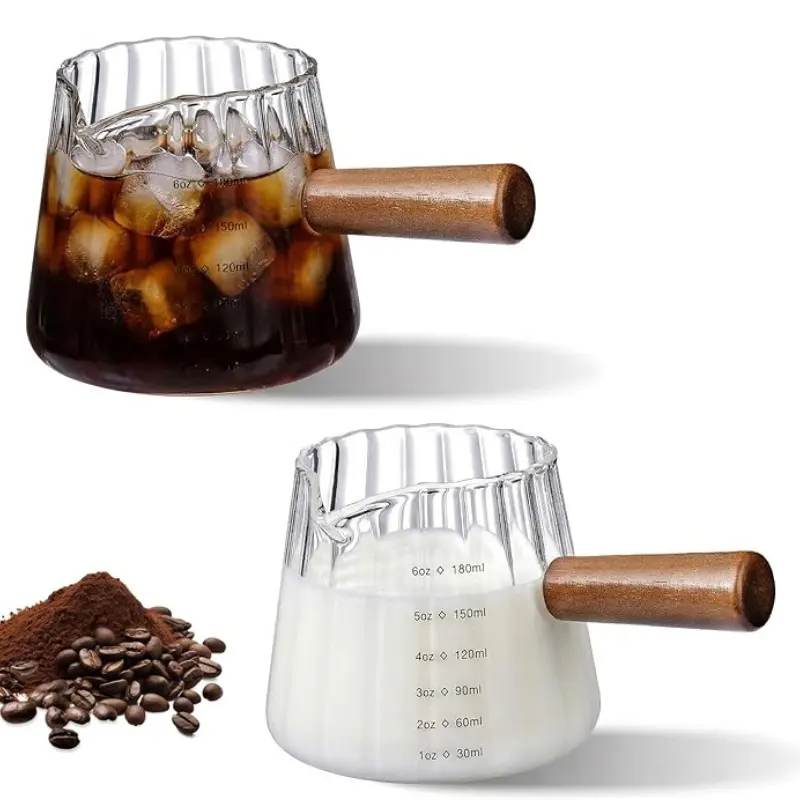 6oz Aruizun Espresso Coffee Shot Glass Cups, Espresso Measuring Cup with Oz&Ml Scales, V-Shaped Mouth Expresso Shots Cup with Wood Handle, Espresso Accessories Milk Frothing Pitcher for Home & Office
