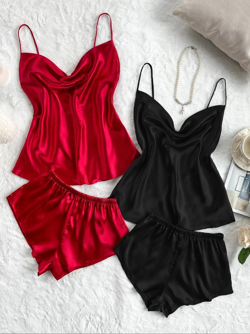 Four-Piece Set Women's Solid Draped Pyjama Set, Casual Spaghetti Strap Cami Top & Shorts, Comfy Loungewear Set for Women Lingerie