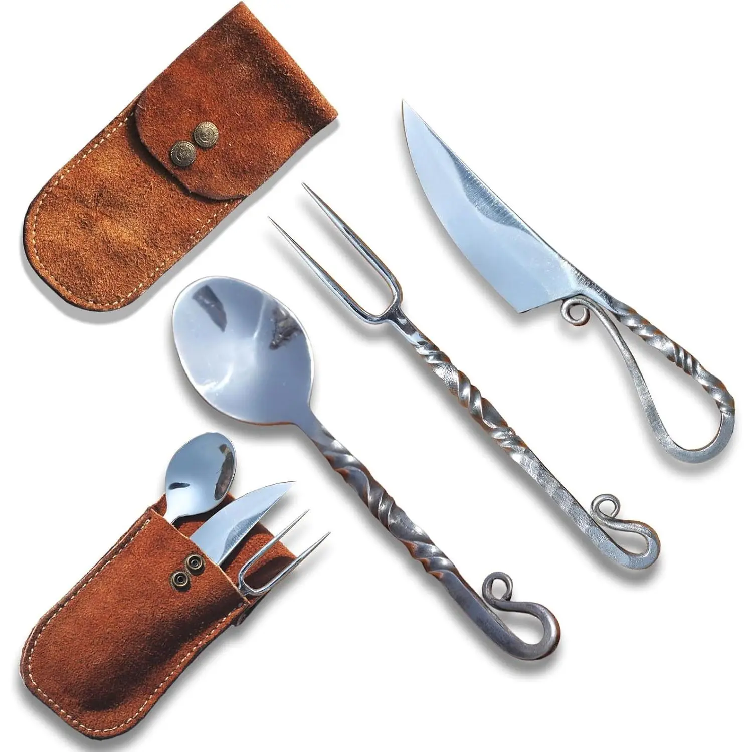 3-Piece Custom Viking Medieval Cutlery Set, Hand Forged Twisted Pattern Feasting Eating Utensils, Carbon Steel Flatware With Leather Pouch