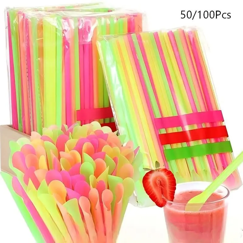 Neon Color Spoon Straw for Food Stalls, 7.87 Inch, 50/100 Pieces, Individually Packaged Plastic Icee Straws, Disposable Cold Drink Straws, Milkshake Straws