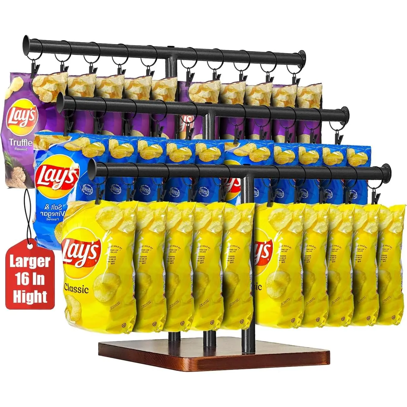 Chip Rack Display Stand, 3-Tier 42 Clips Snack Organizer for Store |  Base Chip Holder for Party, Chip Stand Snack Display Rack for Concession Stand, Retail Store