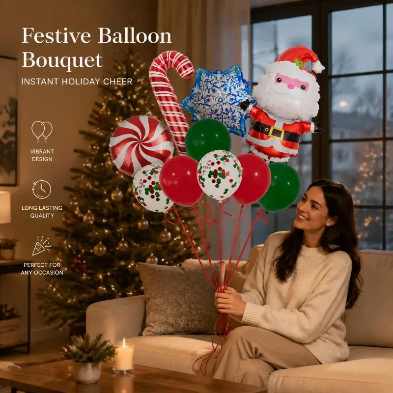 Santa Claus Christmas Balloon Bundle Set, Festive Cartoon Style, Candy Cane and Snowflake Foil Balloons Paired with Sequin Balloons, Christmas Party Table Decoration