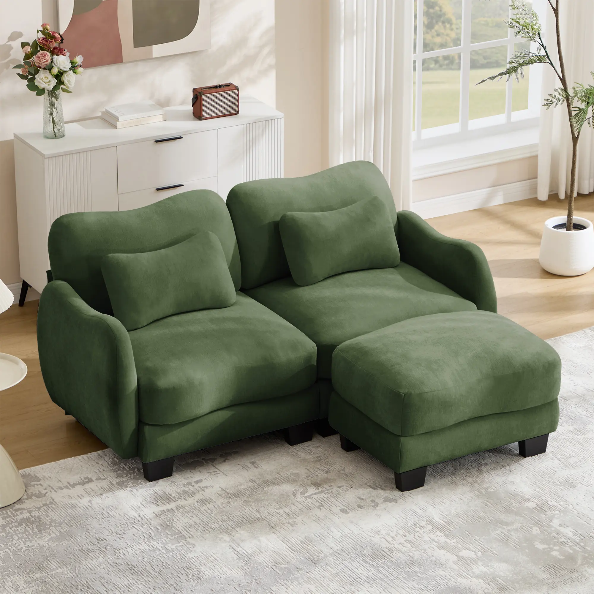 ARCH Chenille L-Shaped Loveseat Sofa with Movable Ottoman and Lumbar Pillow, Ergonomic Curve Design, 2-Seat Couch with Cloud Comfort Cushions, Easy Assembly for Living Room Apartment, Green, Green Color Options, Chenille Material, 2 Seat Seat Count