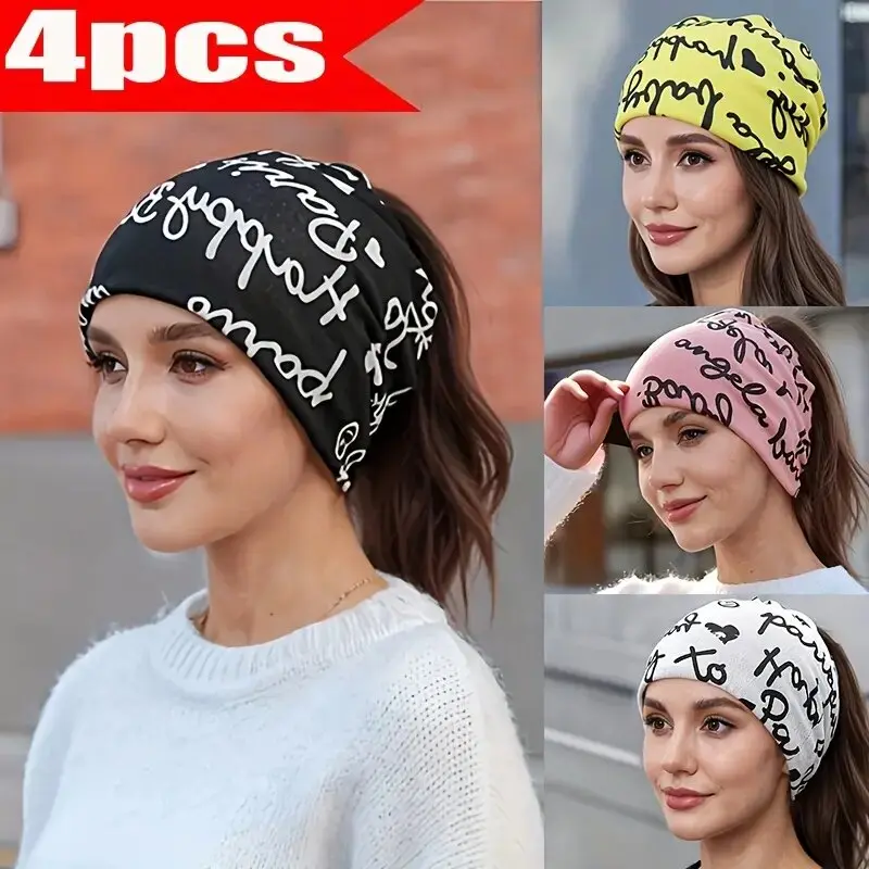 4Pcs Women Slouchy Beanie Hat Graffiti Print Headband Bandana Multifunctional Neck Warmer Scarf Elastic Hair Band Set Soft Turban Headwrap Aesthetic Y2K Streetwear Outdoor Balaclava Gift For Her
