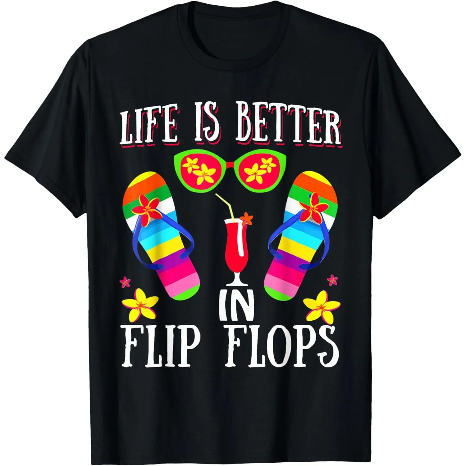 Retro Graphic T-Shirt, Unisex Funny Summer Beach Apparel with 'Life is Better in Flip Flops' Prints, Casual Cotton Shortsleeve Round Neck, Fabric, Beach Graphic, Tops, Menswear, Laser Print, Universal Cut