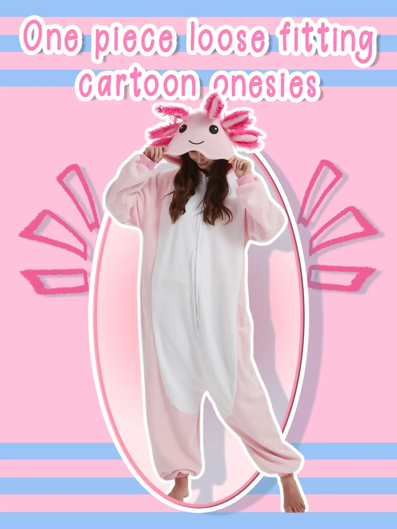 Neutral Axolotl Onesie, Hooded Cartoon Full-Body Pajamas, Fall Winter Christmas Halloween Animal Role Play