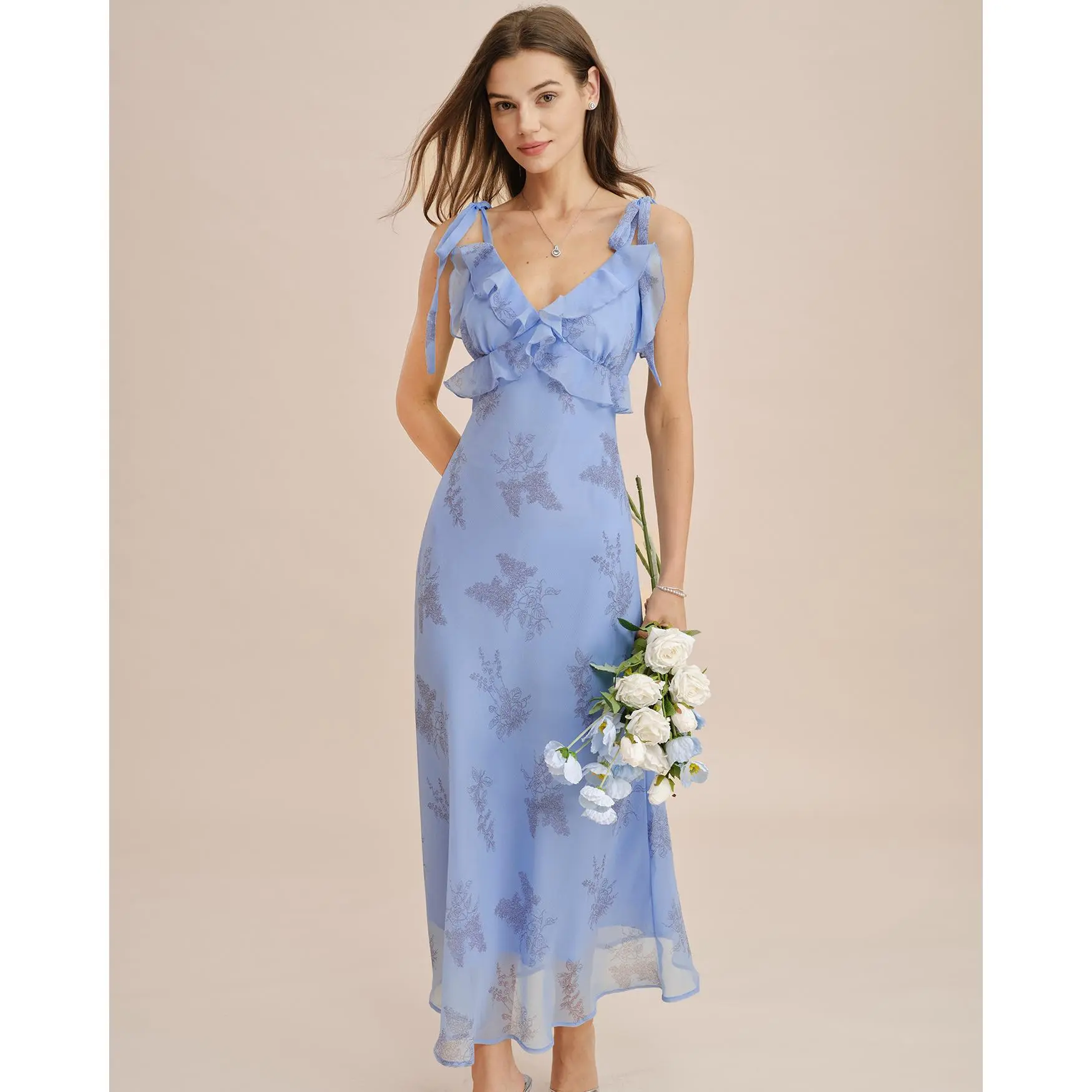 Blue Floral Ruffle Tie Strap Maxi Dress