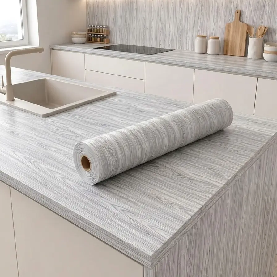 Light Gray Wood Grain bathroom peel and stick wallpaper, Self Adhesive PVC Contact Paper, Waterproof Furniture Vinyl Wrap for Countertop, Cabinet, Desk, Shelf, Wall Renovation