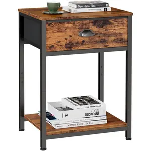 End Table with Storage Shelf and Fabric Drawer, 2 Tiers Industrial Nightstand, Bedside Table Organizer for Living Room Bedroom, Rustic Brown, Easy Assembly