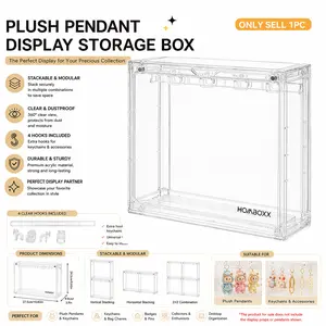 Plush Hanging Display Storage Box Set with 4 Transparent Hooks, Dustproof Moisture-Proof, Stackable, Space Saving Organizer, Dustproof Organizer Boxes, Suitable for Pop Mart Collectibles, Keychain Display, Durable Storage
