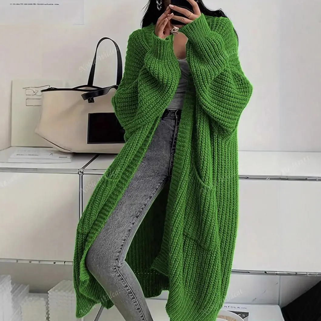Women's Korean-Style Elegant Long V-Neck Over-The-Knee Knit Top - Long Sleeve, Hangable, Casual Loose Thick Knit Cardigan, New Autumn Winter Collection