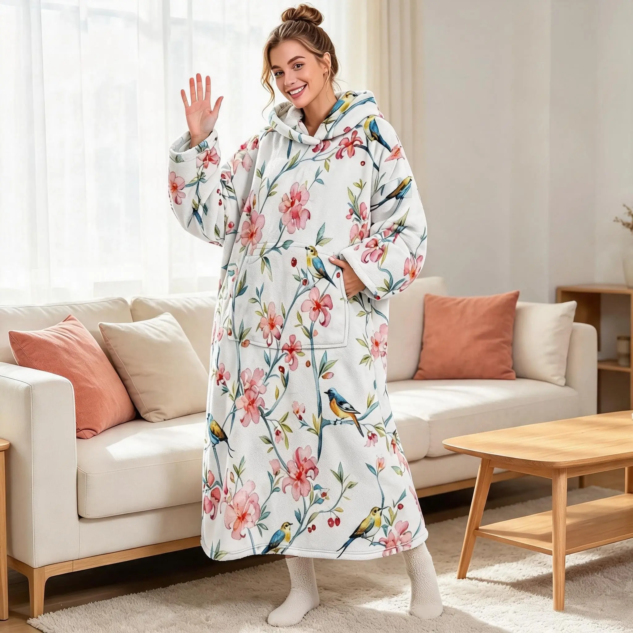1pc Hooded Flannel Wearable Blanket, Watercolor Floral Print, Soft Thick Lazy Blanket, Home Use, Perfect Gift for Holidays