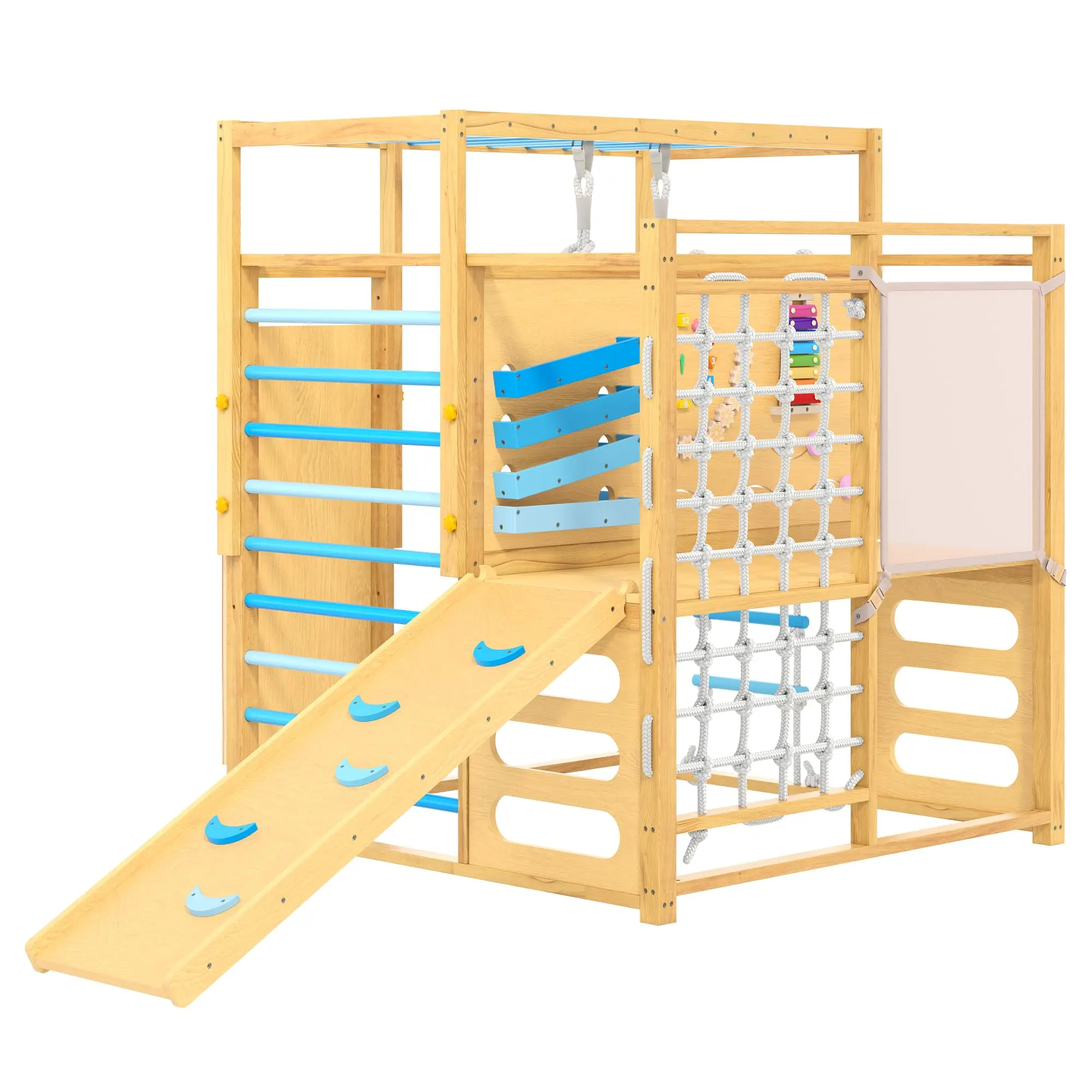 9-in-1 Wooden Jungle Gym for Kids, Adjustable Height Play Set with Slide Monkey Bars Climbing Net Rope Ladder Rings, Non-Toxic Finish Waterproof Wood Playset for Indoor Outdoor Use, Ages 2-8