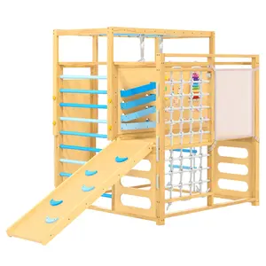9-in-1 Wooden Jungle Gym for Kids, Adjustable Height Play Set with Slide Monkey Bars Climbing Net Rope Ladder Rings, Non-Toxic Finish Waterproof Wood Playset for Indoor Outdoor Use, Ages 2-8