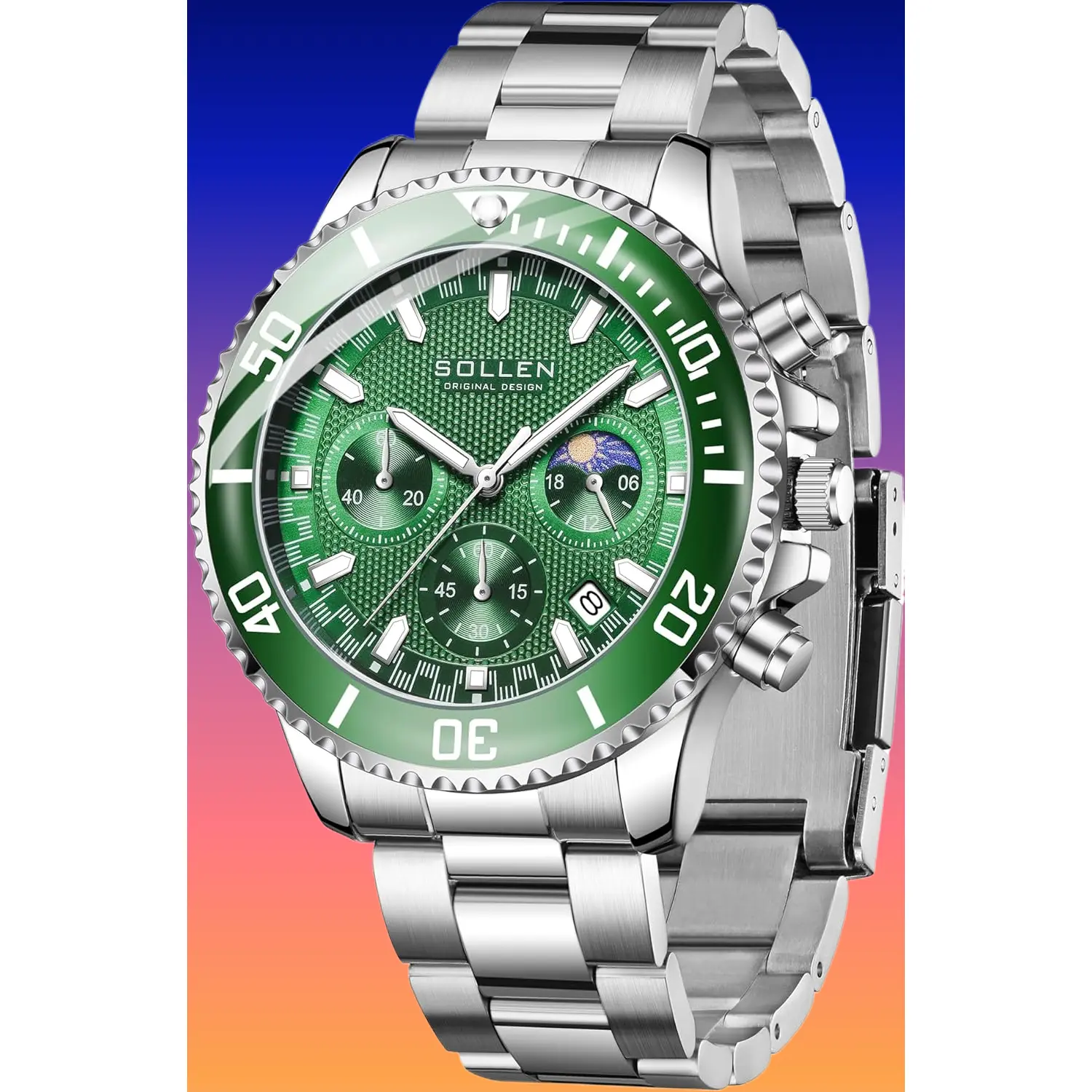 Men's Classic Analog Quartz Movement Watch - Green, Checkered Dial, Round Face, Moon Phase Calendar, Date, Luminous, Durable Stainless Steel, 3ATM Waterproof, Gift-Boxed, Glow-In-The-Dark Quartz Watches, Chronograph
