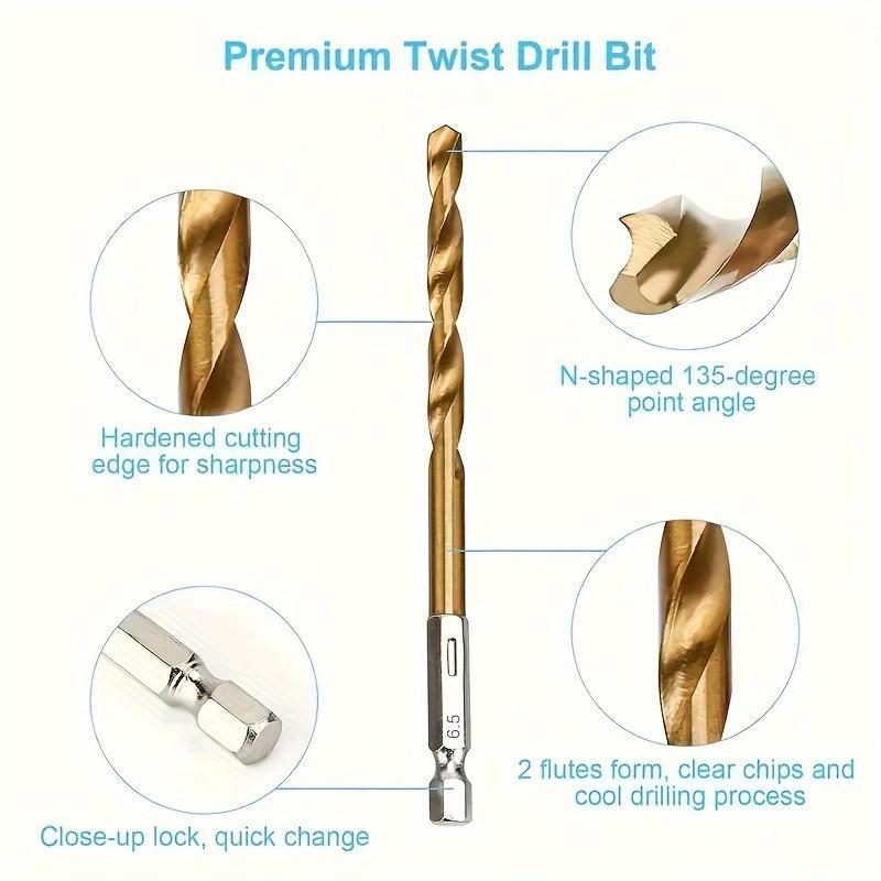 Titanium Coated High Speed Steel Drill Set, Hex-shank Drill Bit Set, Quick Change Drill Bit Set for Wood, Soft Metals and Plastics, Drill Bits Set