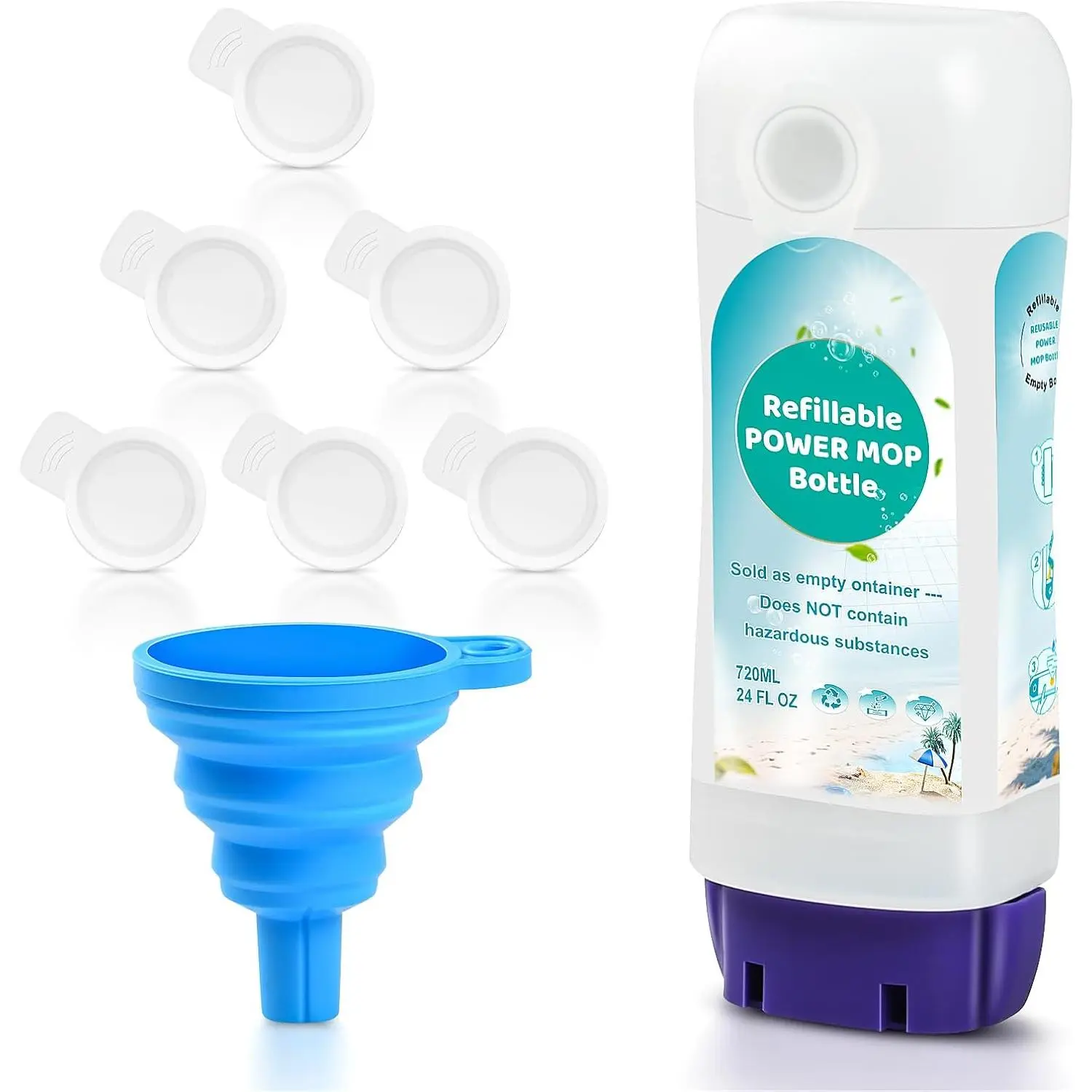 Refillable Bottle for (R) Power Mop(TM) - 720 ML/24 FL OZ - Leak-Proof HDPE Material Solution Bottle, 1 Empty Bottle + 6  Pads + 1 Foldable Funnel