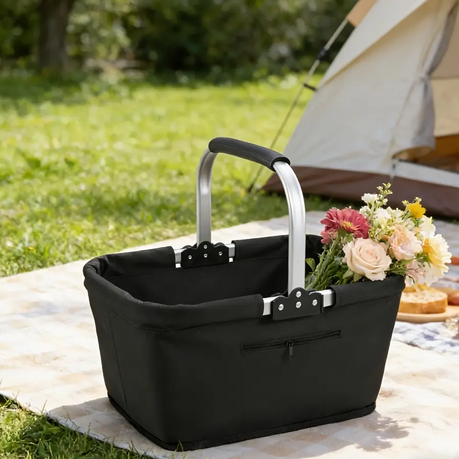 Collapsible aluminum frame basket with large zippered side pockets, ideal for picnics, trips to markets and supermarket shopping, offering ample storage space. Not for direct contact with food