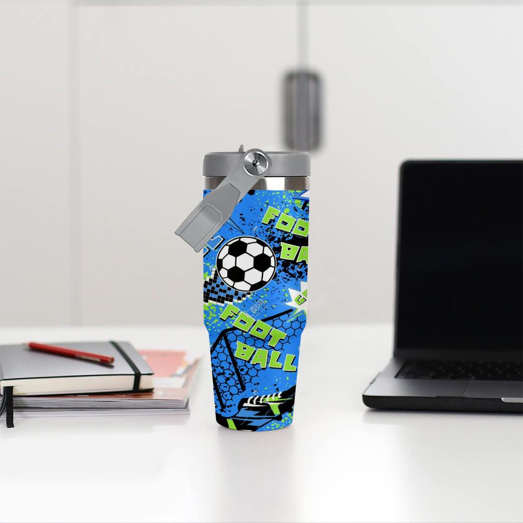 1 30Oz stainless steel football thermos cup with lid and straw, bright football design, large capacity, durable 304 stainless steel, the perfect gift for sports fans, suitable for home, travel, outdoor, summer and winter use