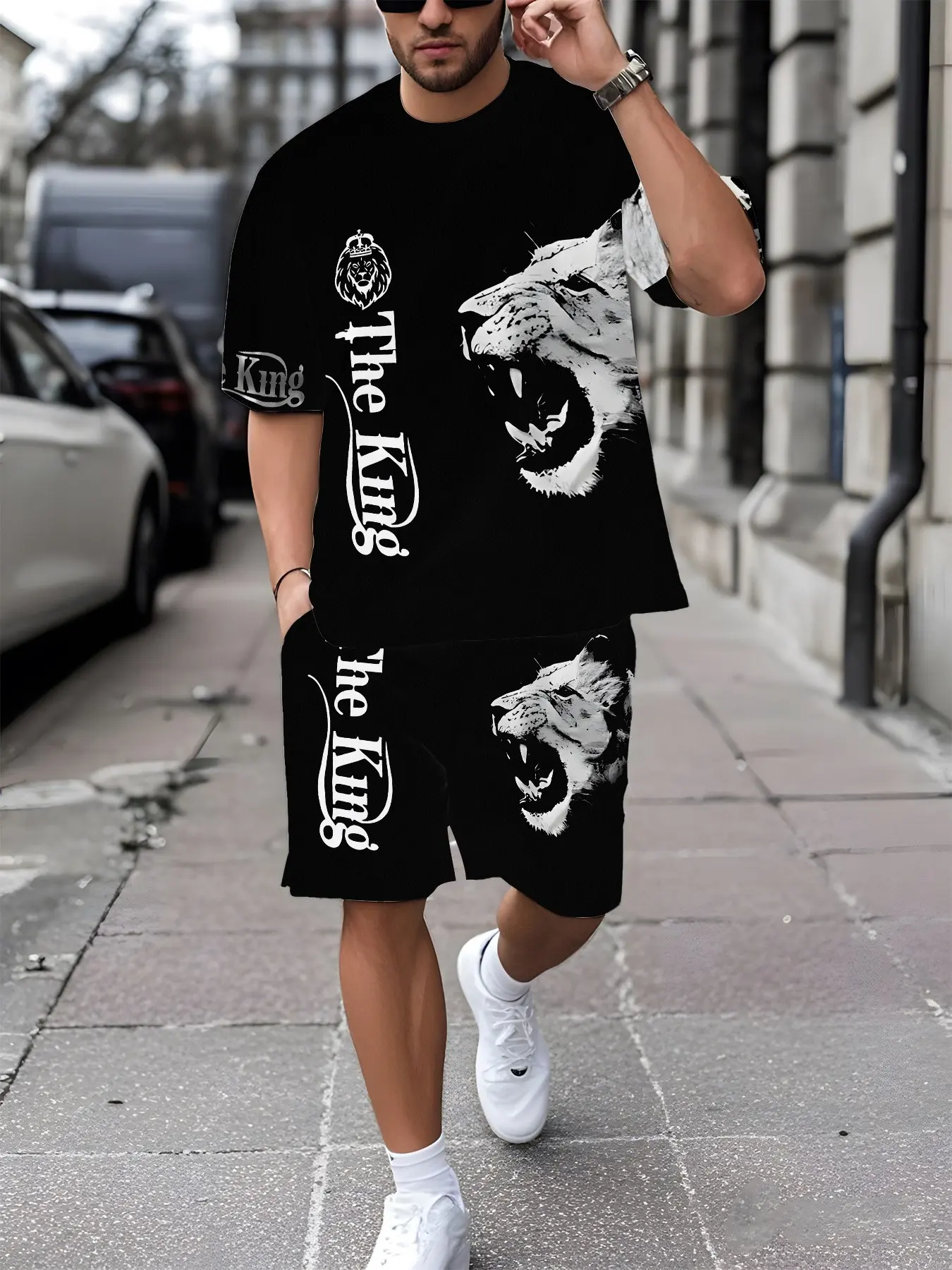 Men's Casual Lion King Print Short Sleeve Tee and Shorts Set, Breathable Streetwear, Summer Fashion, Slim Fit, All over Print