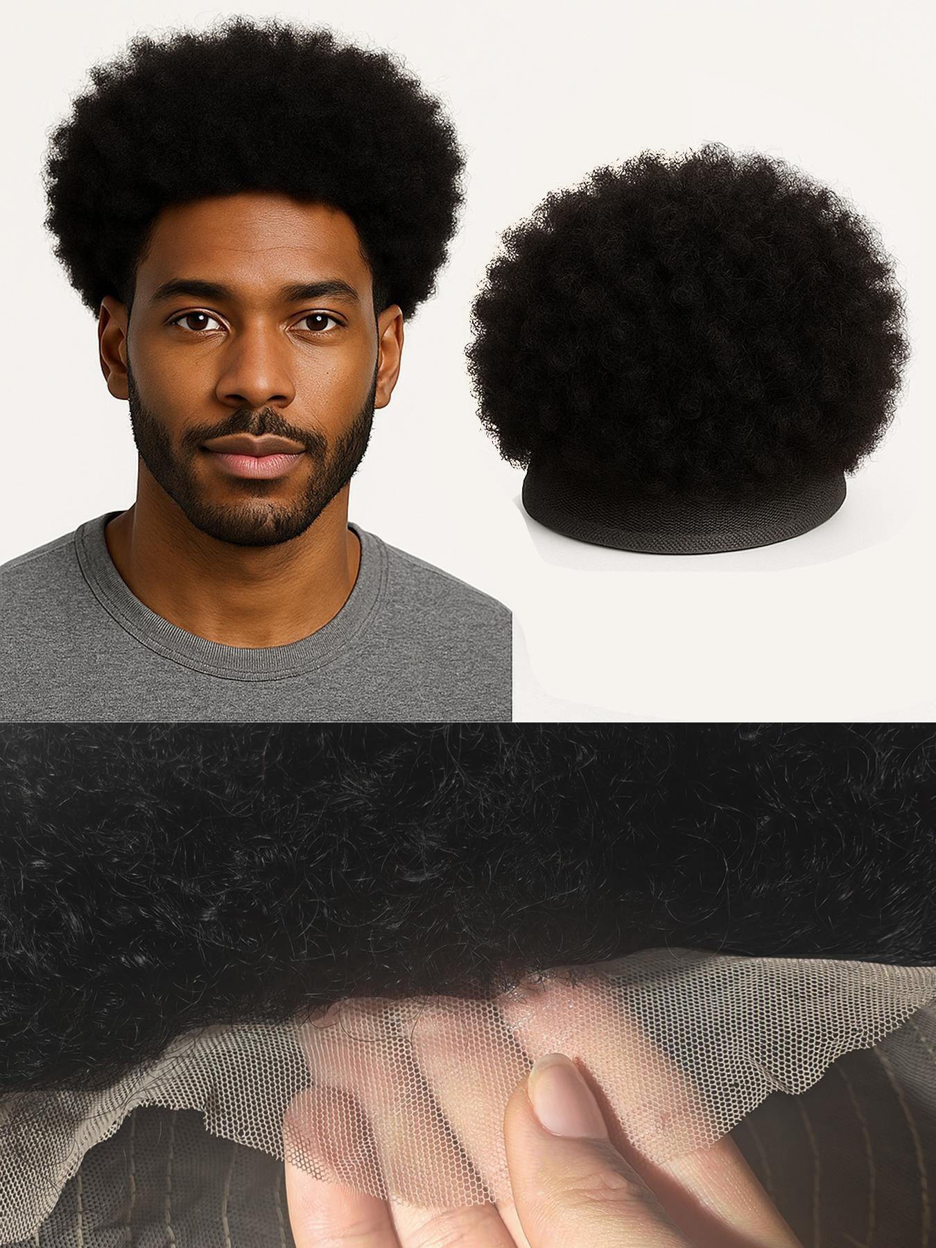 Men's Afro Curly Short Wigs 70s 80s Disco Rocker Style, 100% Human Hair, 6 Inch Black African Kinky Curly 8*10”Lace Base for Daily Wear, Party & Cosplay
