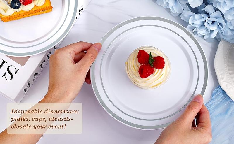 BESTVIP 100PCS 7" Silver Plastic Dessert Plates – Heavy Duty Disposable Plates with Elegant Silver Rim, Perfect for Cakes, Desserts & Salads, Ideal for Weddings, Parties, Birthdays, Christmas & Thanksgiving