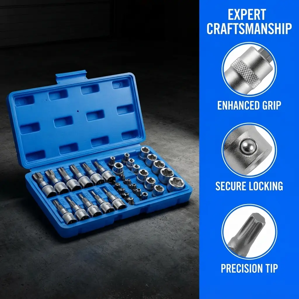 34-piece E-type socket set with 1/2" star-shaped, hexagonal, and 3/8" special-shaped sockets