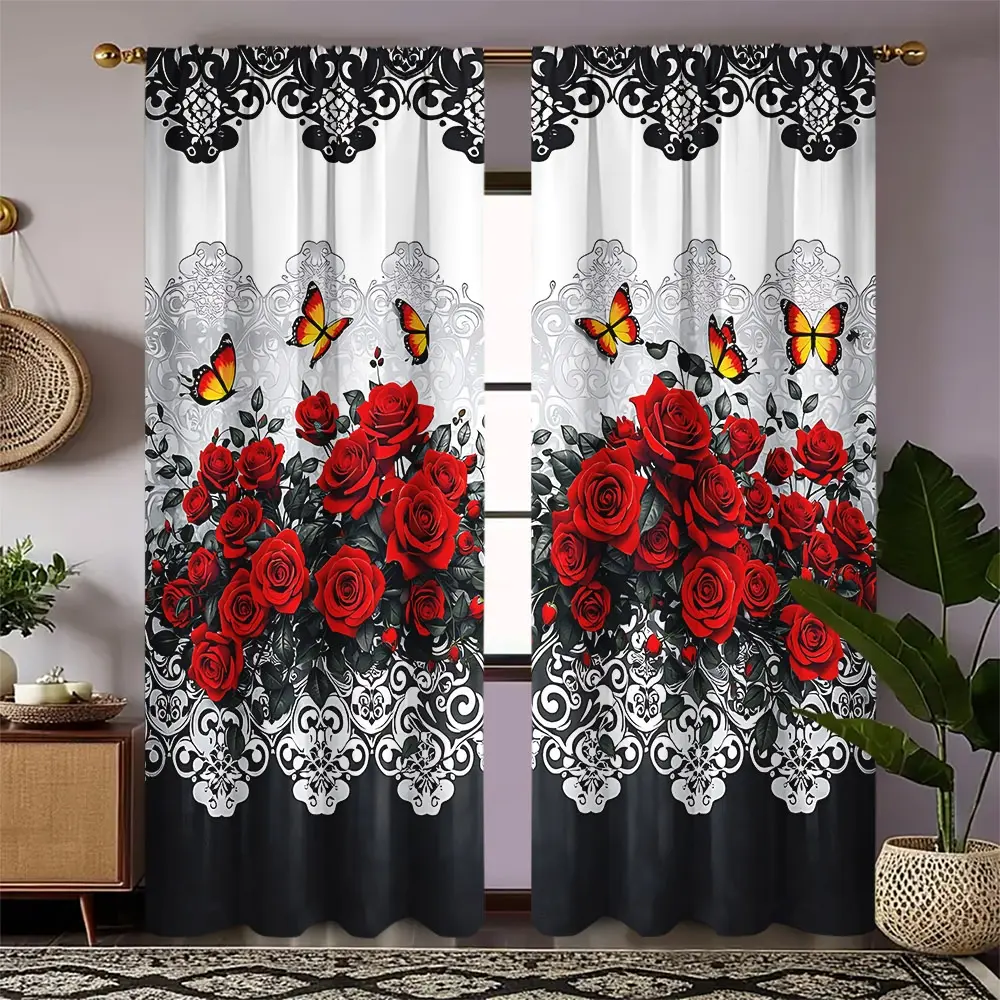 2pcs Rose and Beauty Decorative Curtain, 2D Flat-Definition Digital Print Curtain, suitable bedroom, living room,, balcony, apartment, homestay, classic and personalized home decor (not included), 100% polyester fiber, machine washable, privacy window des