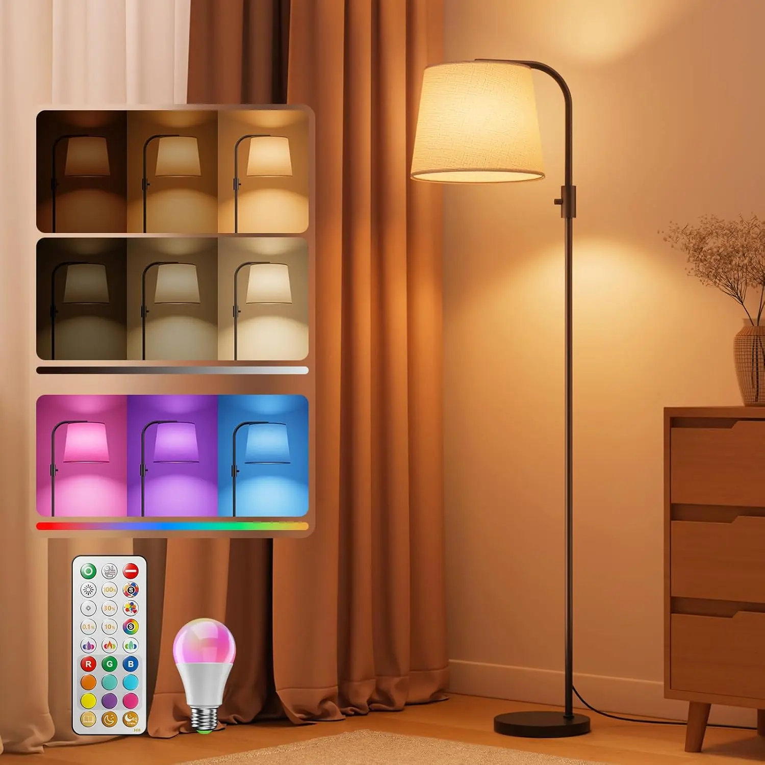 LED Arc Floor Lamp, 65" Tall Lamp with Magnetic Remote, RGB Color Changing + 1600K Amber & 4000K Daylight, 10W 1200lm 0.1%-100% Dimmable, 350° Swivel Linen Shade, Smart Plug Compatible, Black, 0.1% Cinematic Dimming, 45° Tilt