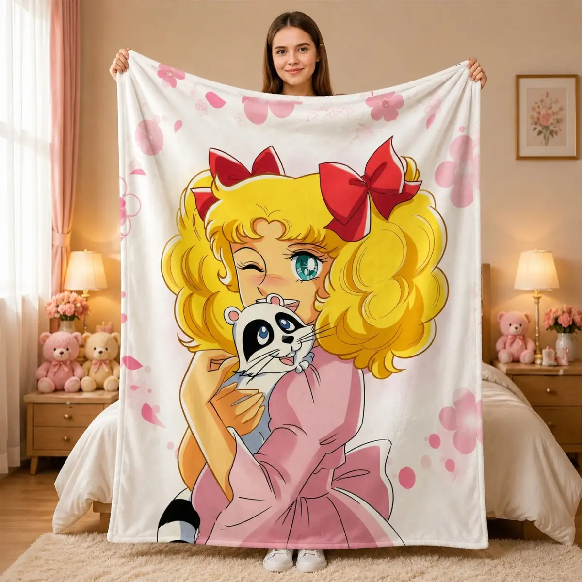 Classic Candy Candy Holding Pet Vintage Anime Flannel Throw Blanket - Flannel Texture, Pink Cherry Blossoms Print, Lightweight Softness, for Home & Travel, Cute Gift for Classic Shojo Anime Fans