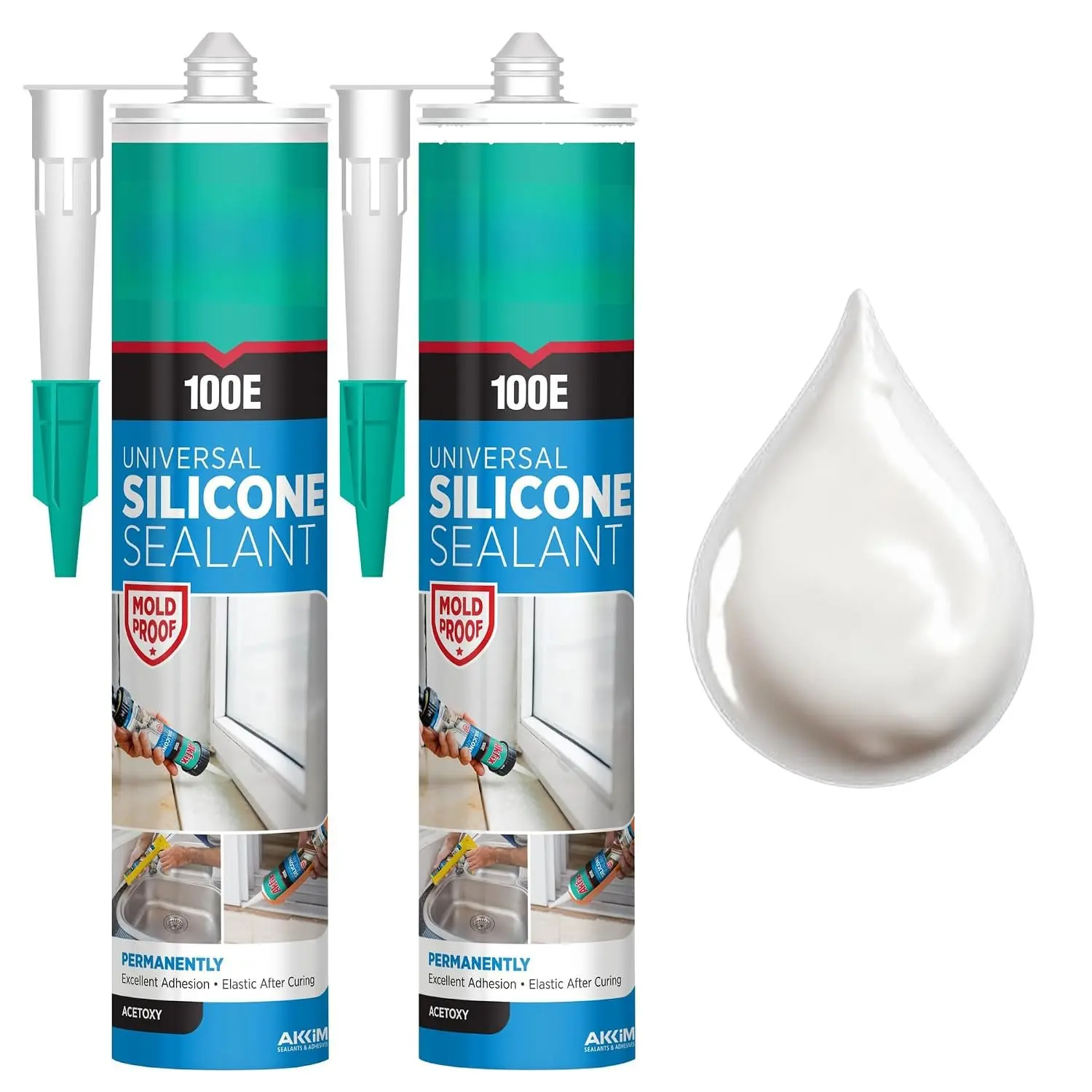 100E RTV White Synthetic Caulk - 2 Pack (2x10.1 oz), Permanent Flex Sealant for DIY Users, Sealing Gaps in Kitchen, Bathroom, No Yellowing, Ounces