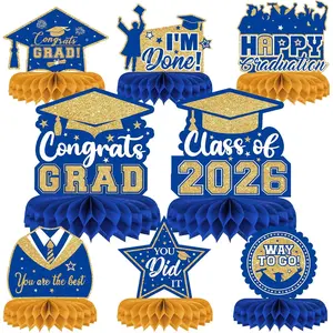8 Pieces Class of 2026 Graduation Table Decorations - 2026 Congrats Grad Honeycomb Centerpieces, Graduation Table Toppers Decor for 2026 Graduation Party Decorations Favor Supplies, Blue and Gold