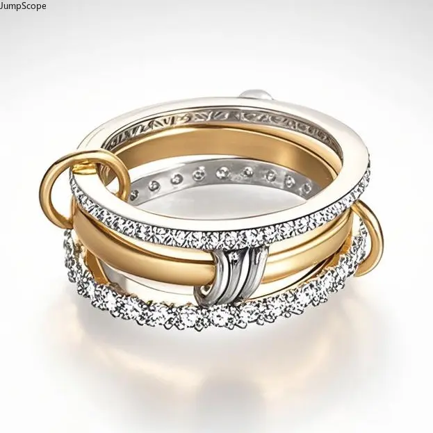 Women's Paved CZ Crystal Ring, Minimalist 2-Tone Interlocked Triple Band, Quiet Luxury Steel Jewelry for Daily Office Wear