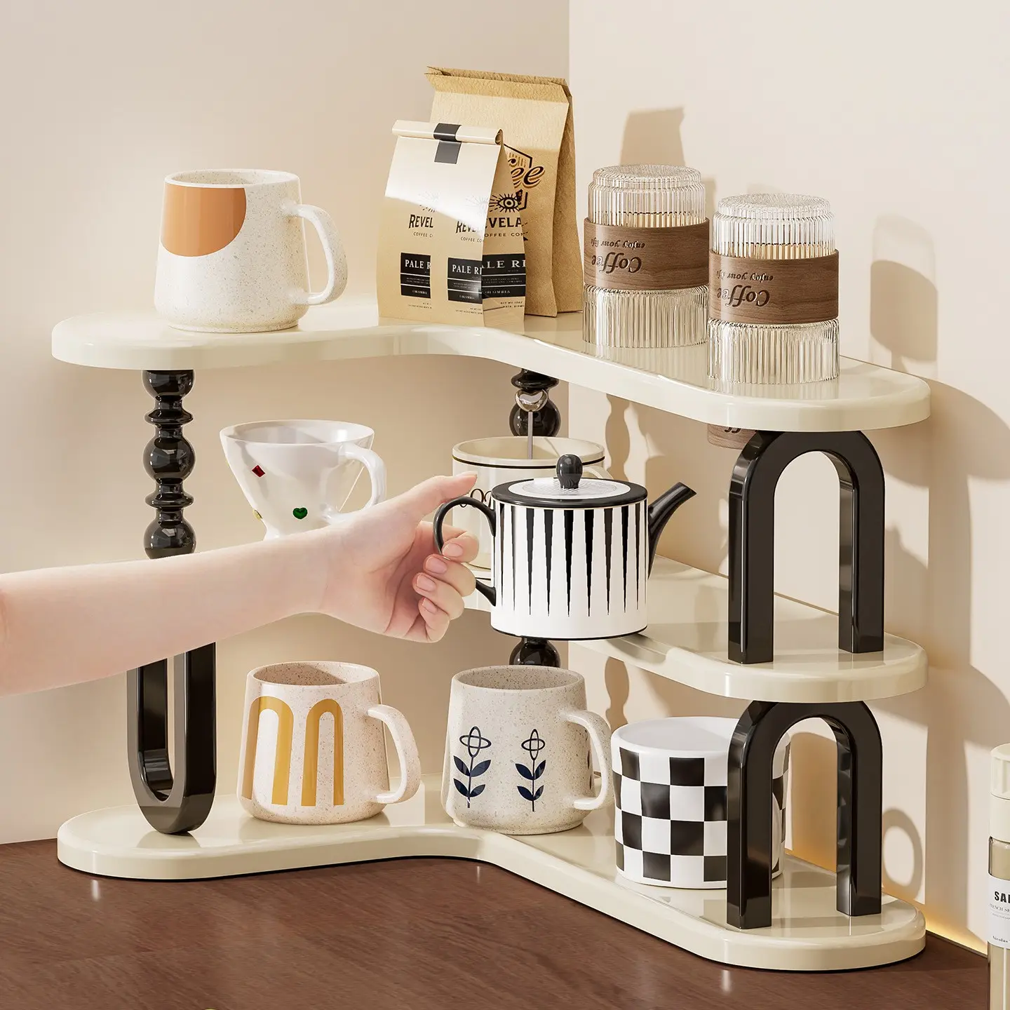 Kitchen Cup Organizer and Mug Rack with Drying Function - Storage Shelf for Water Glasses, Tea Bags, and Coffee Supplies