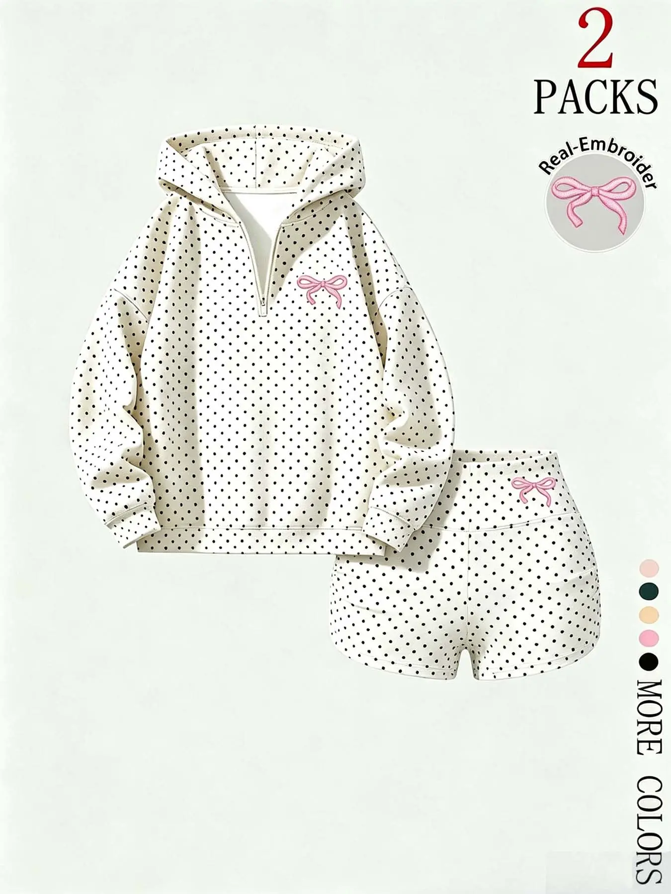Soft Polka Dot 2 Piece Loungewear Set, Bow Embroidery Half Zip Hoodie & Ruched Shorts, Women Cozy Sleepwear, Preppy Style