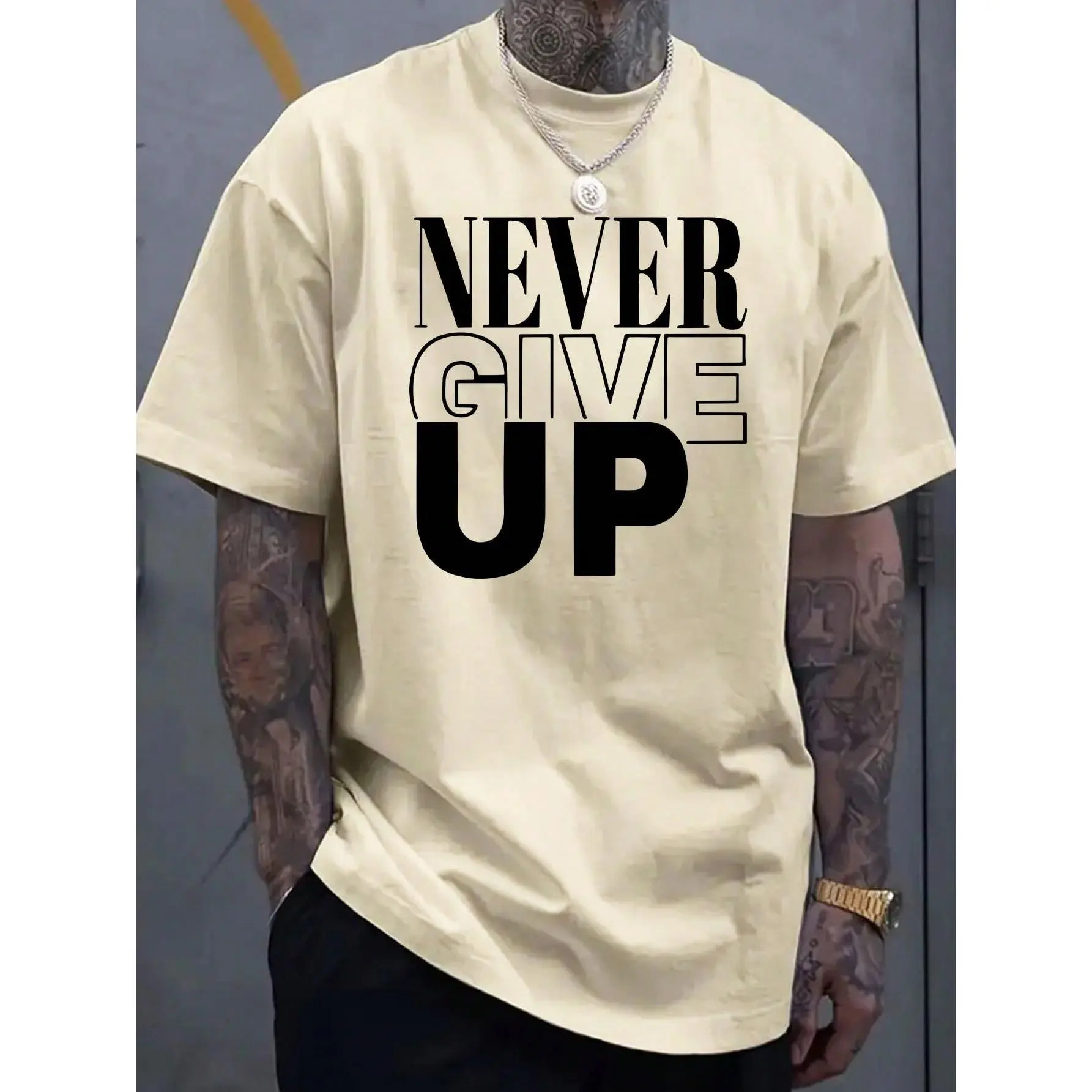 Men's 100% Cotton Graphic Sports Top - 'Never Give Up' Bold Message Tee, Regular Fit, Round Neck Short Sleeve, Slight Stretch, Letters, Cartoon Motif, All Over Print, Casual Outdoor Wear
